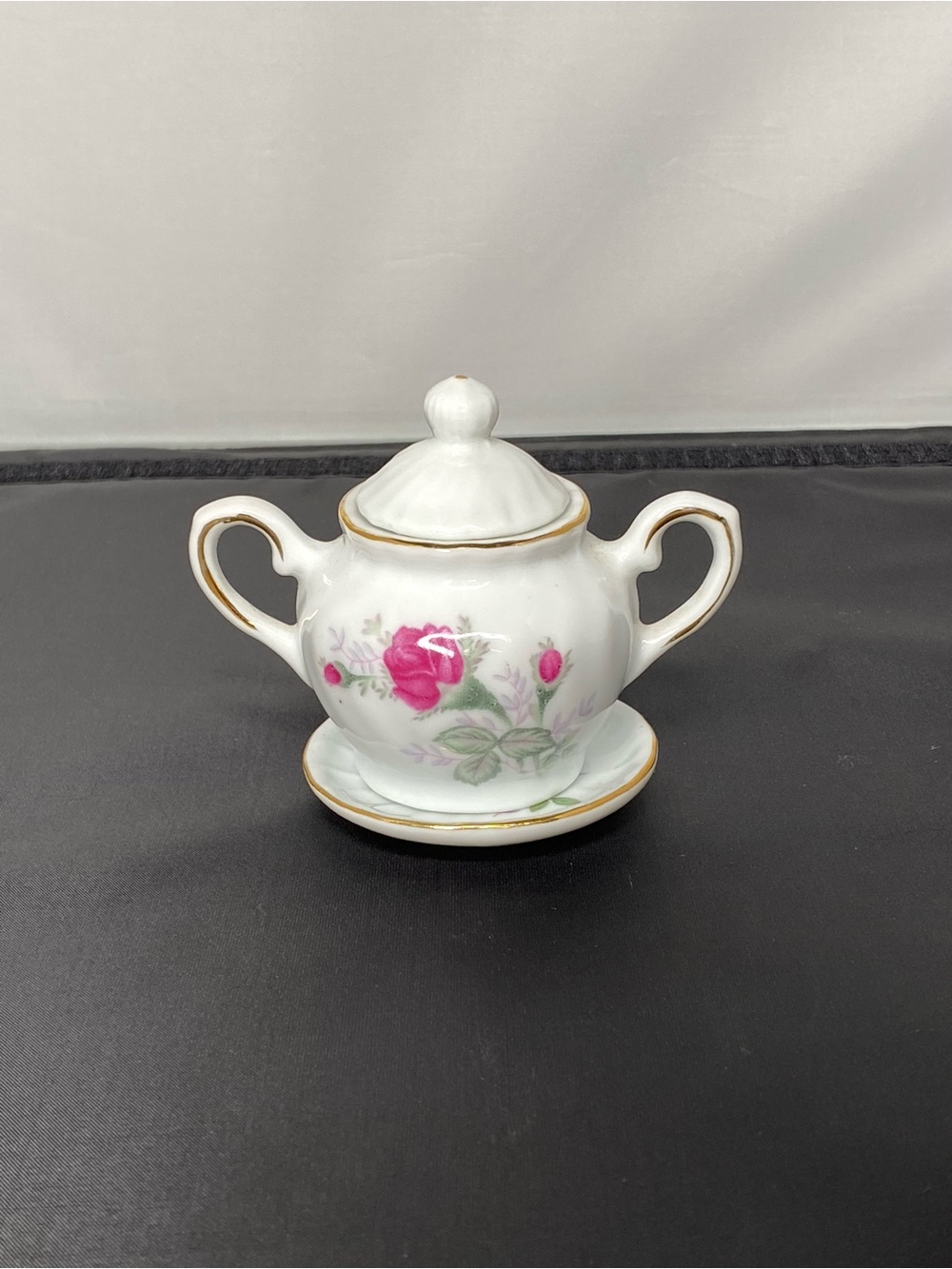 Porcelain mini Sugar Bowl with Saucer - Pink Rose Floral Accent